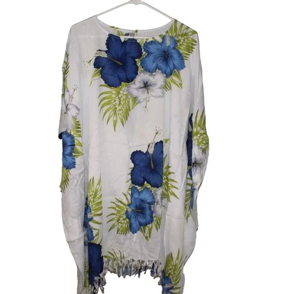 Aloha Wear Hawaiian One Size Fits Yellow Blue HIbiscus Flower Swimsuit Cover Up - Picture 2 of 6